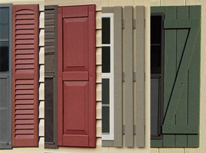 Pine Creek Structures window shutter options: louvered, raised panel, slat, and Z shutters